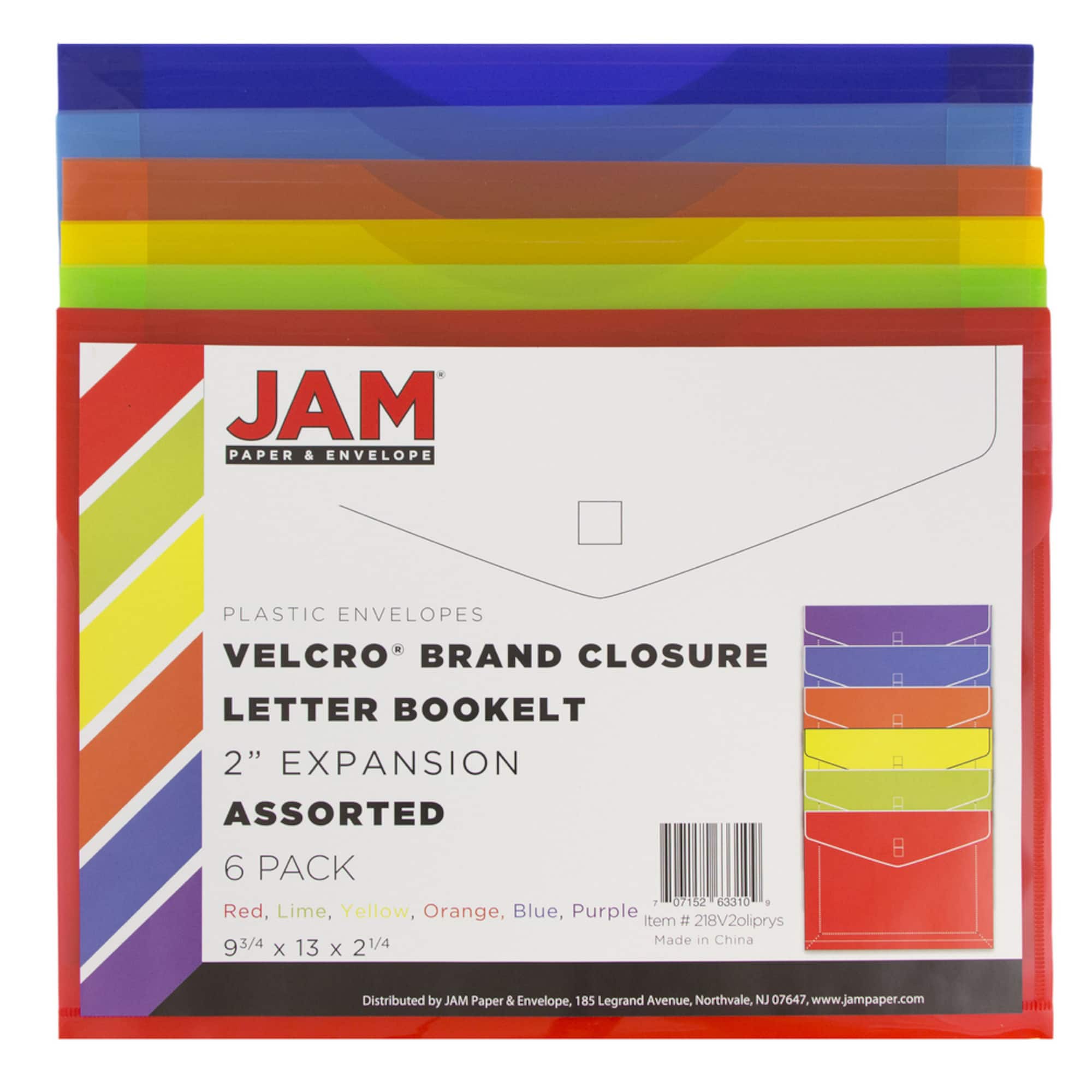 JAM Paper 9.75" x 13" Assorted Plastic Hook & Loop Closure Envelopes, 6ct.